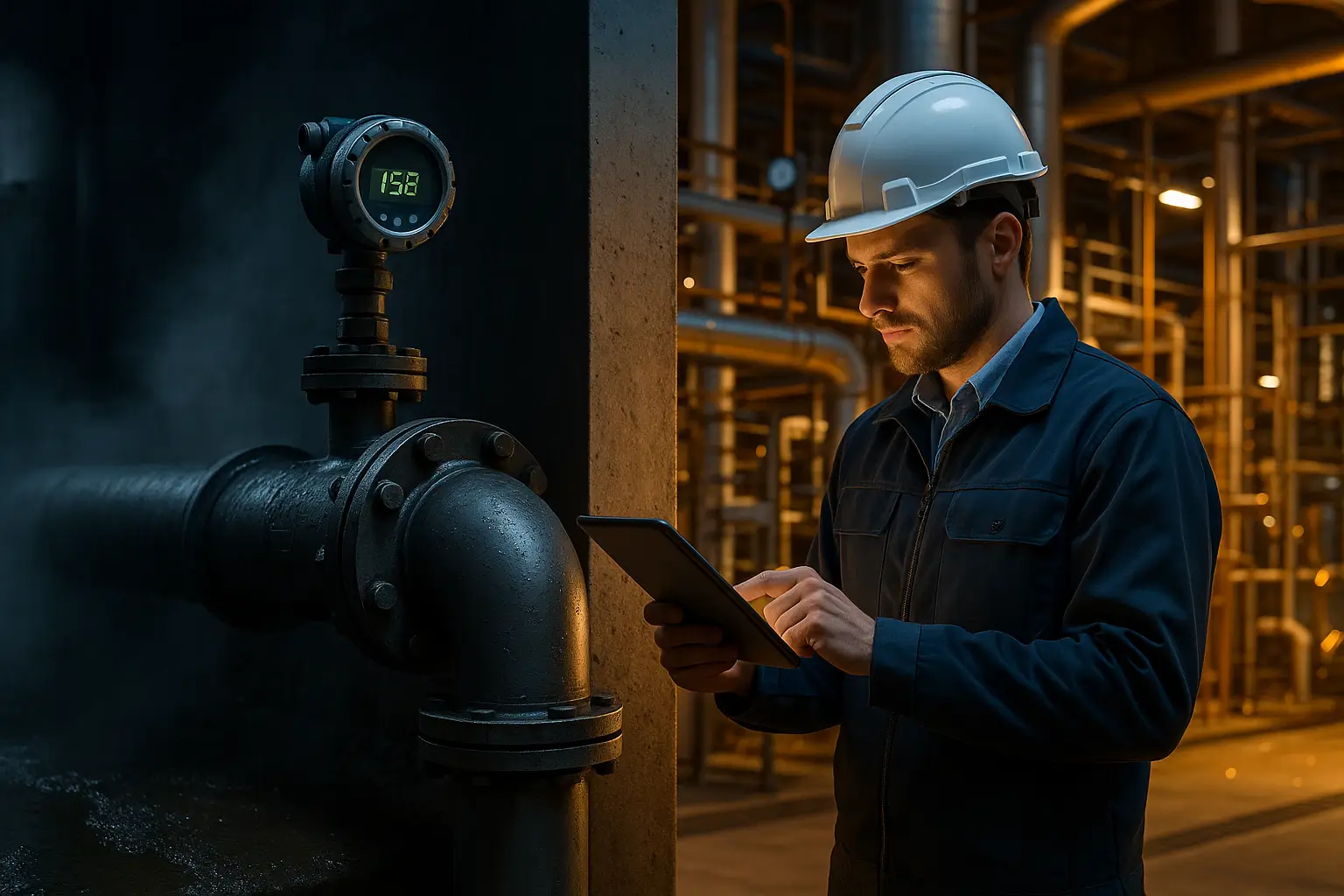 инженер контролирует параметры на планшете у трубопровода