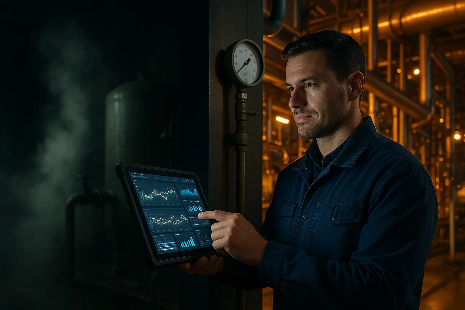 специалист анализирует данные оборудования на терминале