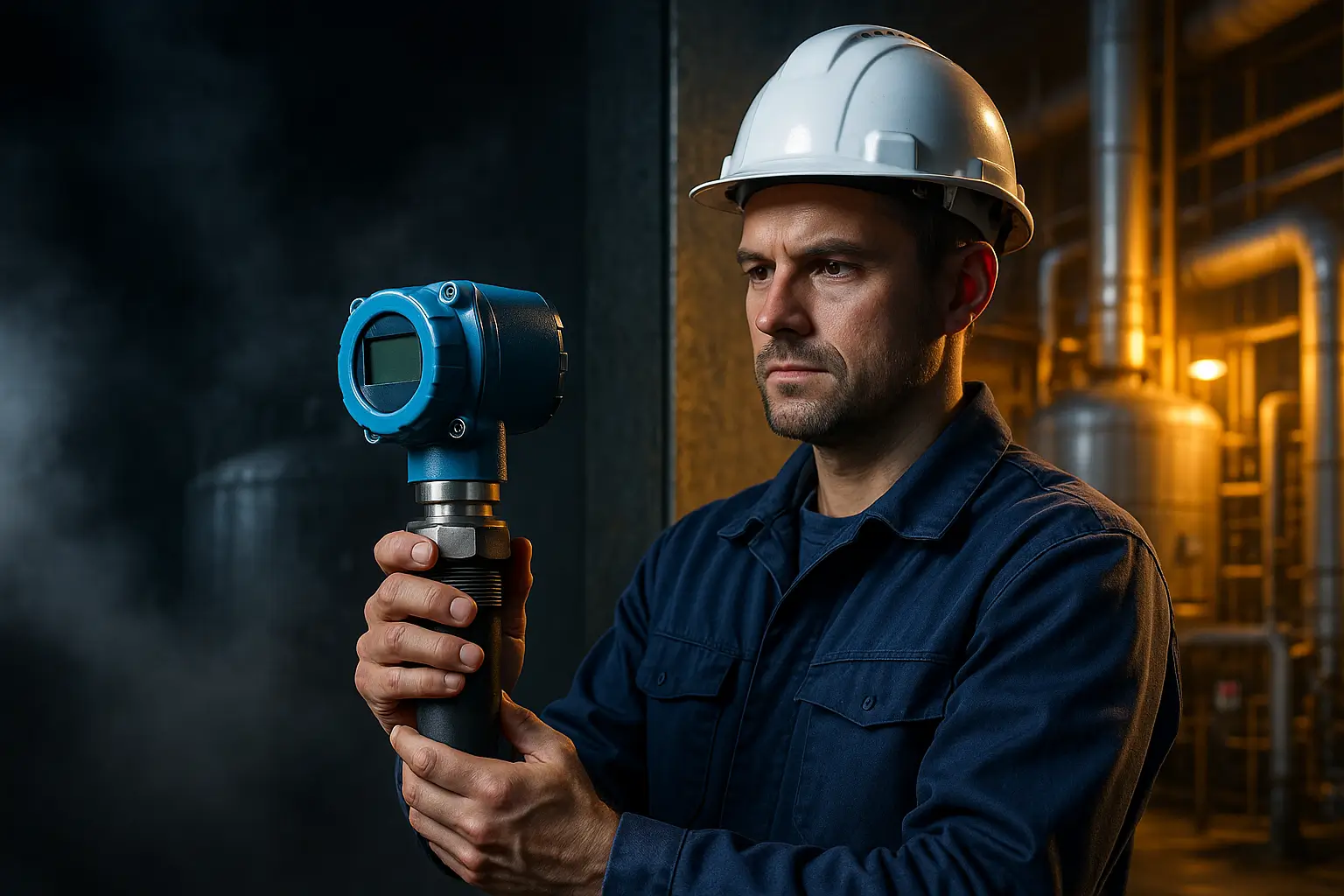 инженер использует ультразвуковой уровнемер