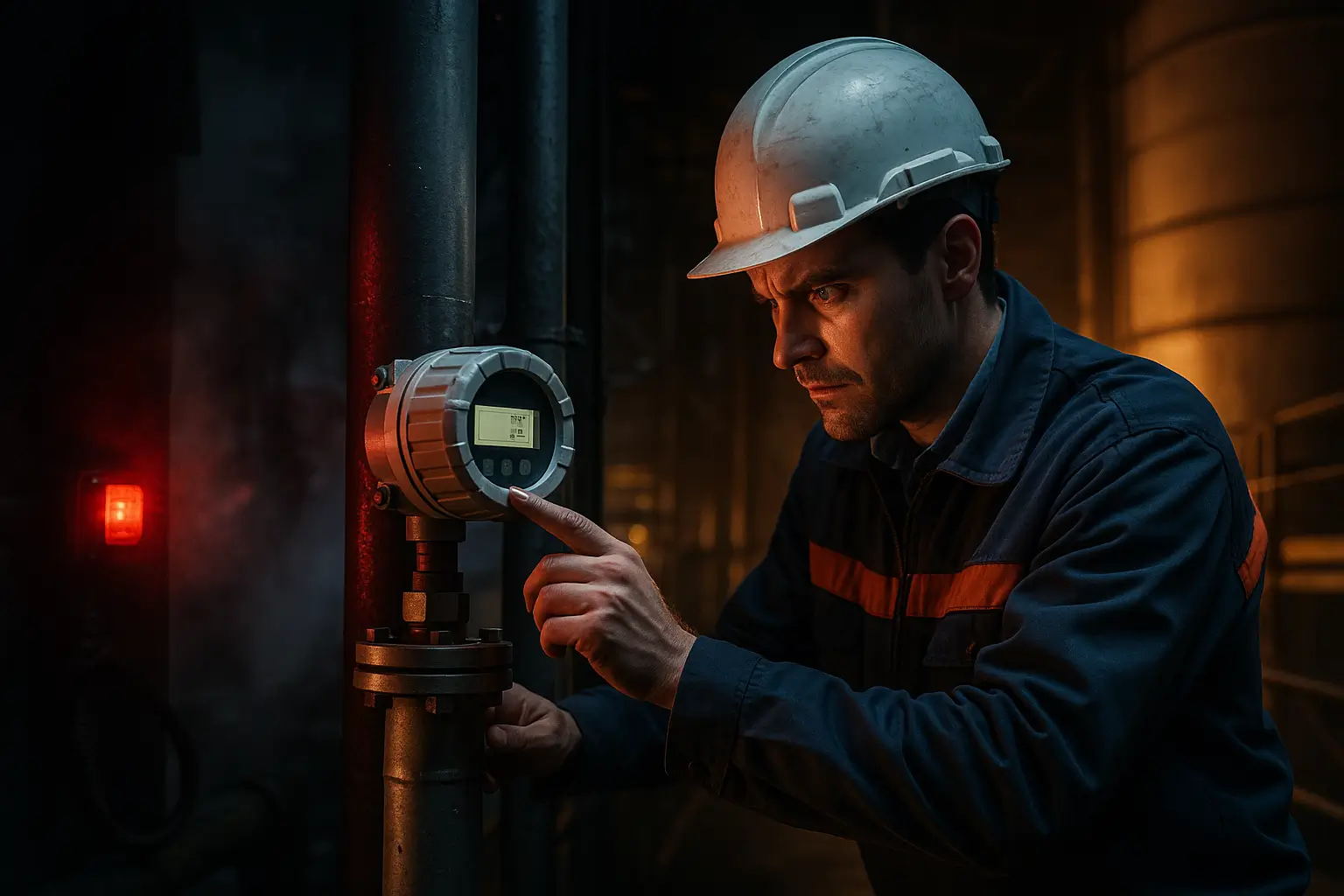 техник проверяет расходомер в промышленной зоне