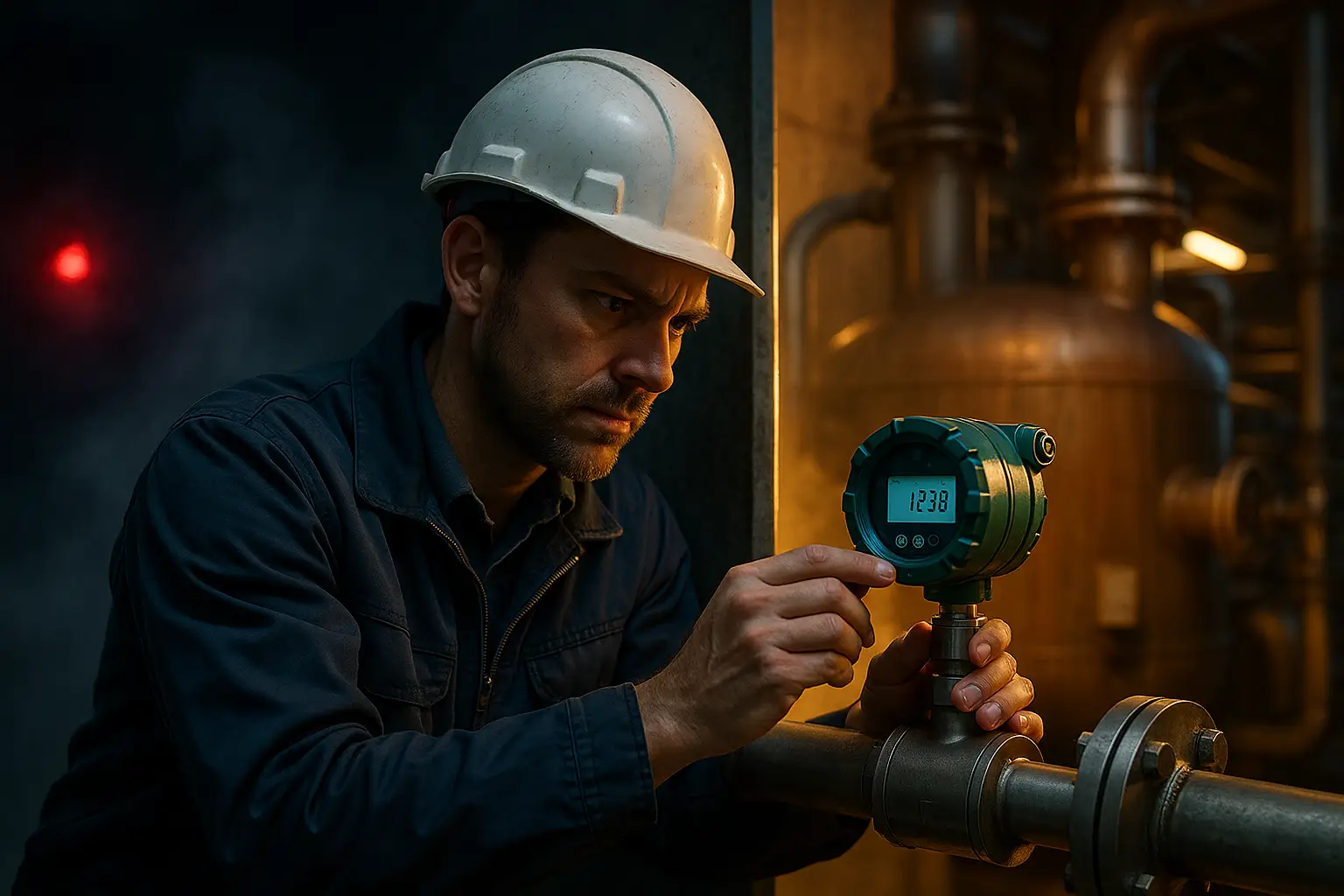 инженер снимает показания расходомера