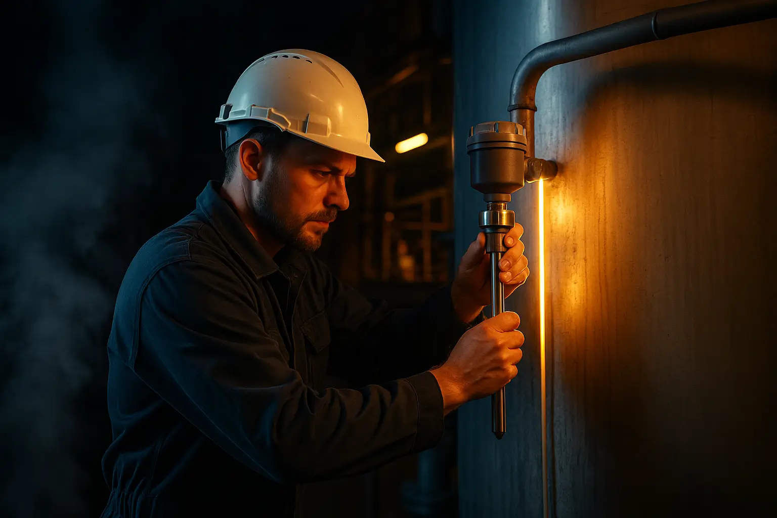 инженер устанавливает датчик уровня на резервуаре